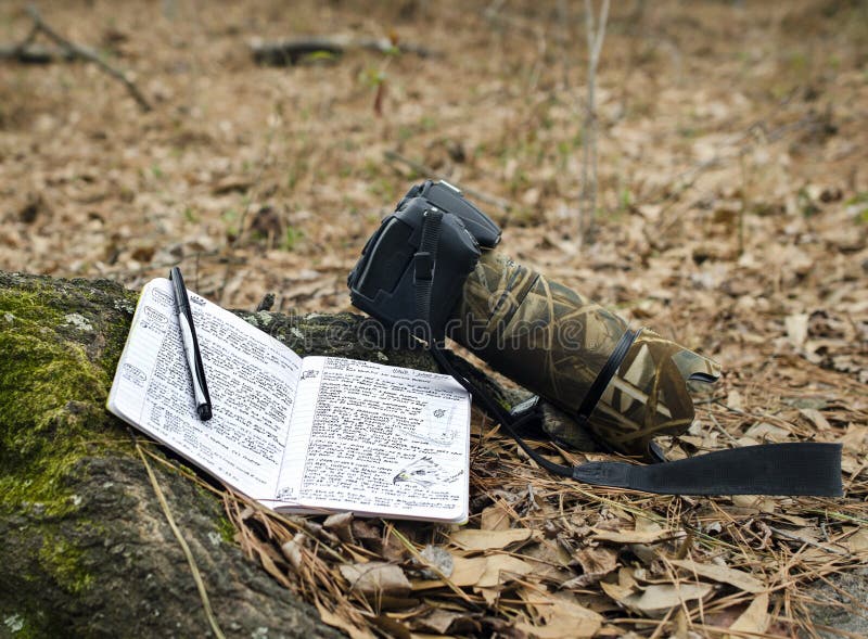 Nature Journal Sketchbook and DSLR camera with wildlife telephoto lens