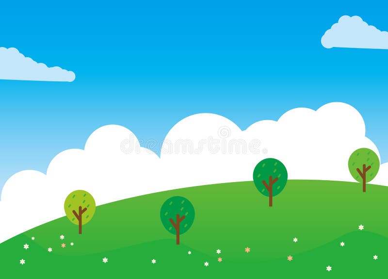 Nature Landscape Cartoon Illustration Green Grass, Flower, Trees and Blue  Sky Stock Illustration - Illustration of leaf, ecology: 158088574
