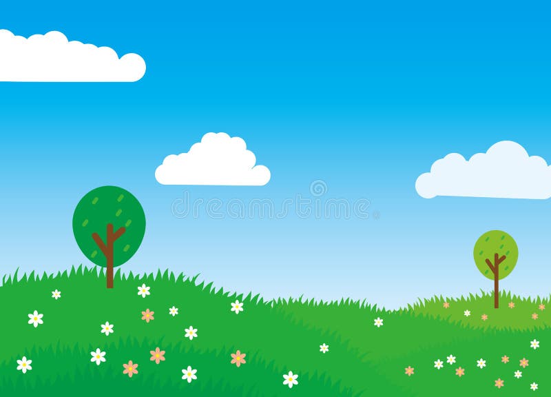 Nature Landscape Cartoon Illustration Green Grass, Flower, Trees and Blue  Sky Stock Illustration - Illustration of country, flower: 158088582