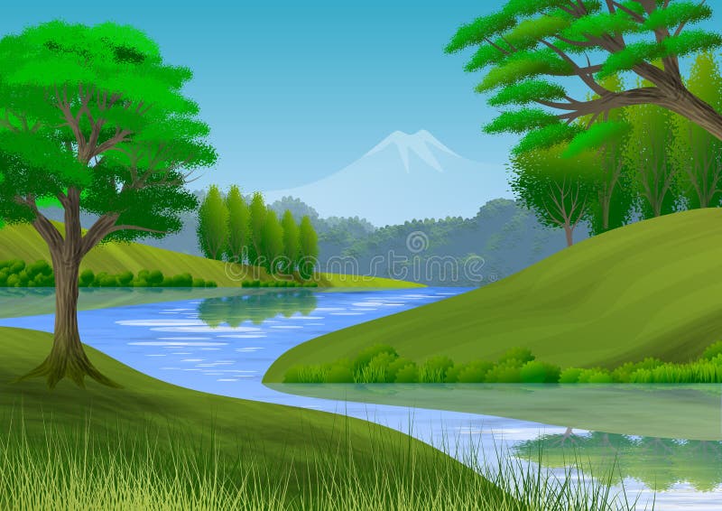 Nature Landscape With Mountain Trees Hills And A River Stock