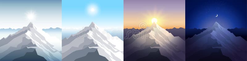 Nature mountain set. A midday sun, dawn, sunset, night in the mountains. Landscapes with peak. Mountaineering, traveling