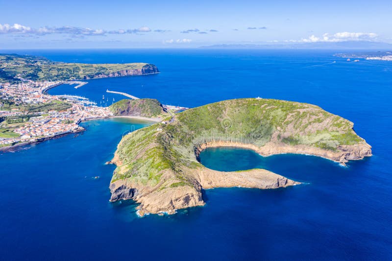 Nature Park, destructed extinct volcano craters of Caldeirinhas, mountain Guia, Baia do Porto Pim and port, Faial island, Portugal