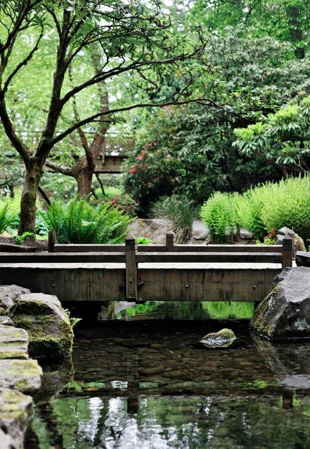 Nature park and stream with walking path bridge