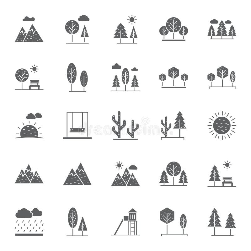 Nature, Parks and Trees Isolated Vector Icons Set that can be easily modified and Edit in any Size or Color