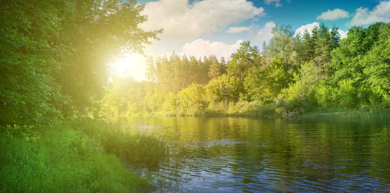 Nature with River and Sunshine Stock Photo - Image of riverside, clouds ...