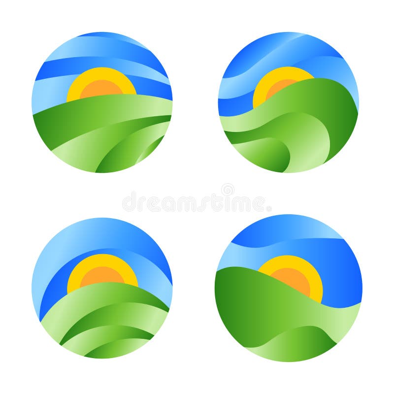 Nature round landscape icon, yellow sunrise in the green field on the blue sky. Vector abstract circle logo.