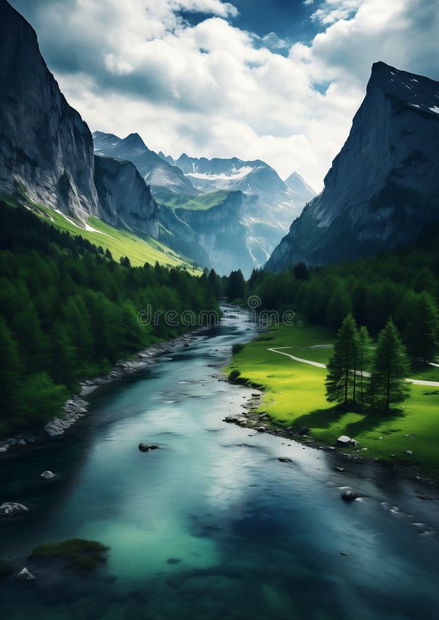 Uhnízděný v malebný hory, rieka vetry jeho spôsob cez bujný zelený údolie.