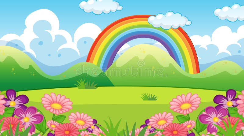 Nature Scene Background with Rainbow and Flowers in Garden Stock Vector -  Illustration of weather, tropical: 183617254