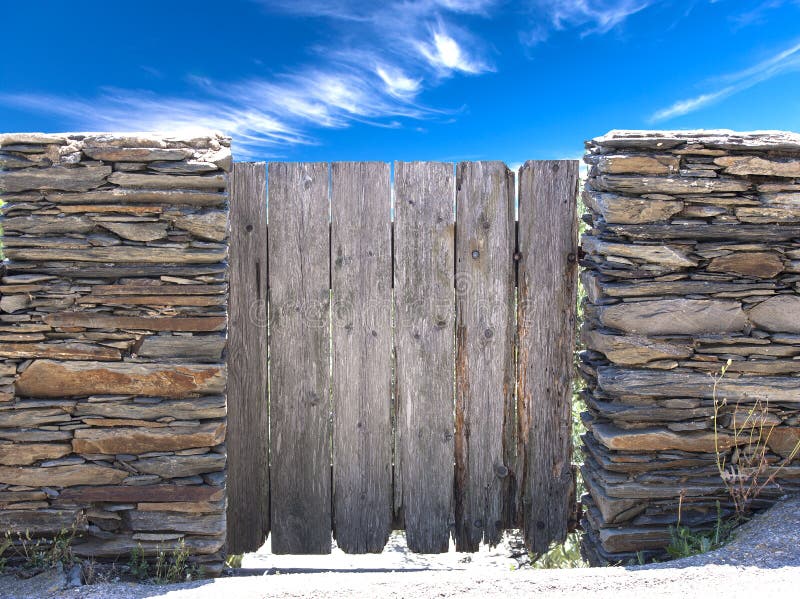 Nature summer landscape. Countryside view and rustic gate in drystone wall in village Cadaces royalty free stock photography Nature summer landscape. Countryside view and rustic gate in drystone wall in village Cadaces royalty free stock photography