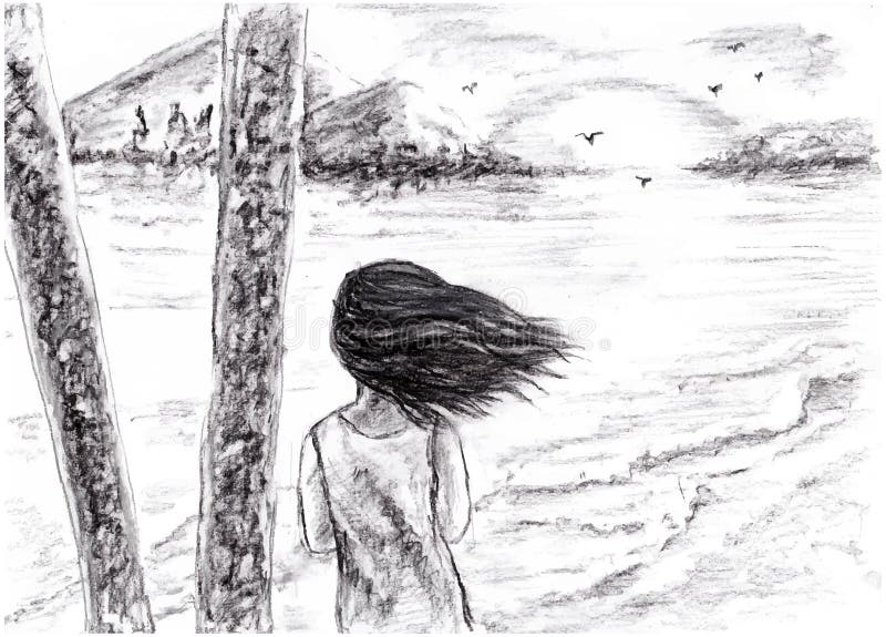 nature vector sketch girl looks east sun hand drawn illustration landscape pencil drawing 269063021