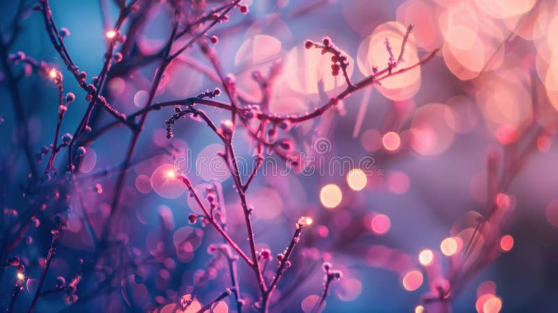 A nature in winter or early spring, featuring thin branches silhouetted by vibrant, warm, and cool-toned out-of-focus light stock photos