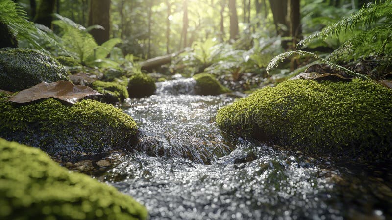 Naturens regnskogsström som flödar över mossy rocks som spolar upp grön miljö ur stängningsvy för flytande koncept royaltyfri illustrationer