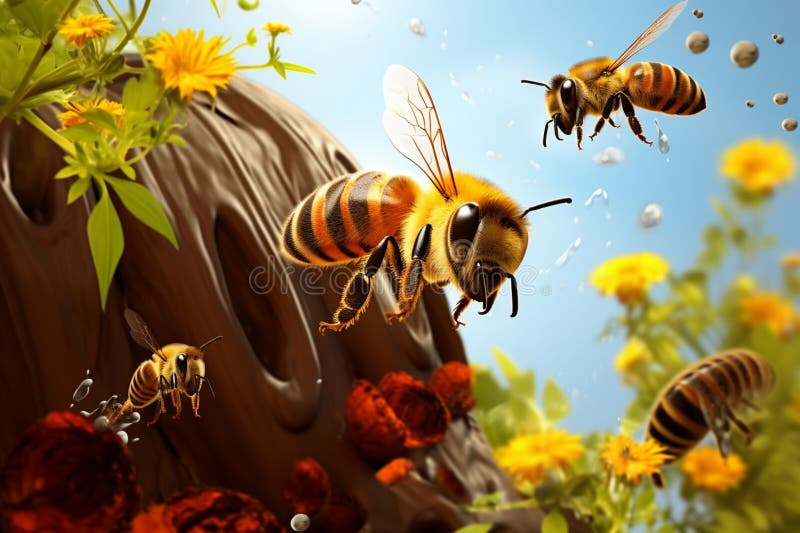 Natures ballet buzzing bees and bugs form an airborne symphony around beehive Generative AI