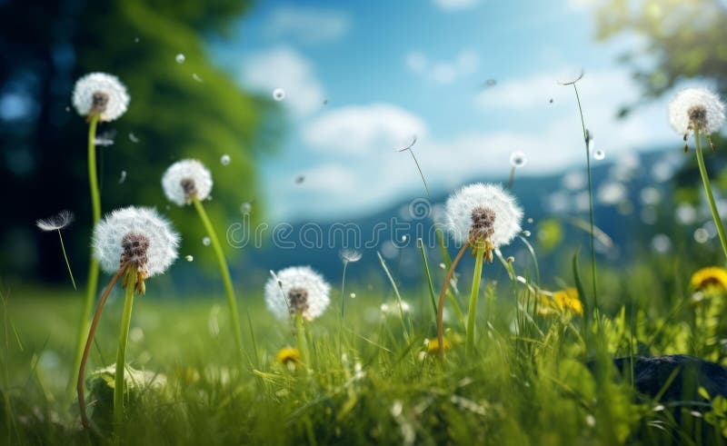 Natures golden carpet : Dandelioner i en skugga med stora träd och klarskidor. royaltyfri illustrationer