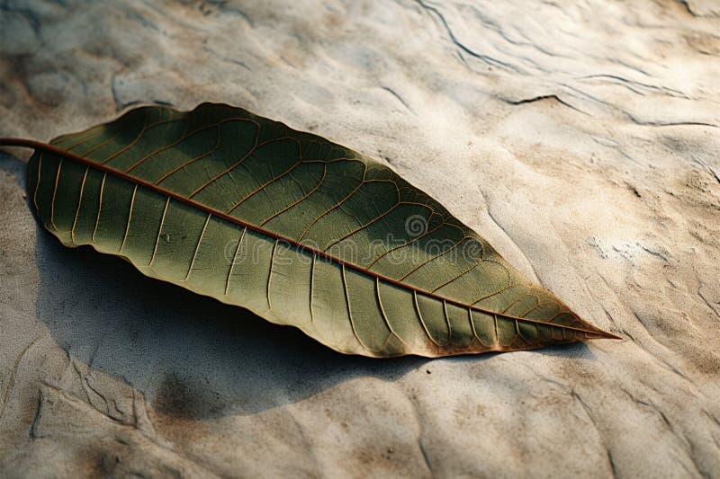 Natures Token Dried Mango Leaf Graces the Serene Concrete Surface Stock