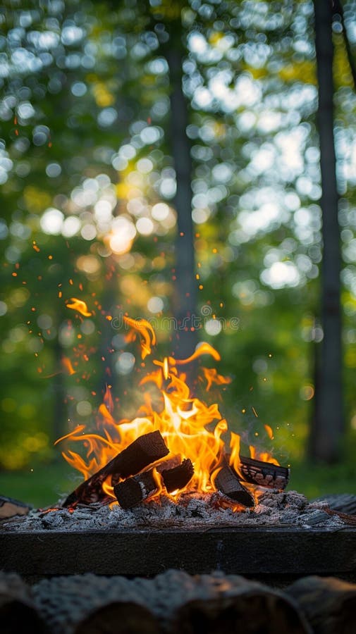 Natures Warmth Campfire Burning Brightly Against Lush Green Backdrop