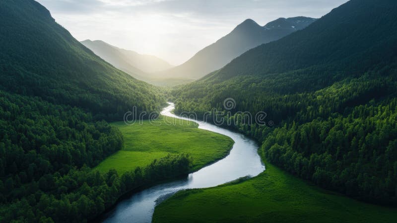 Naturlandschaft Ruhe Sommerbergsicht sonnige Täler fließend Fluss und üppige Vegetation stockbild