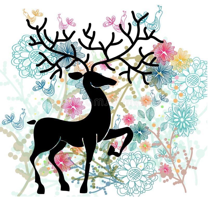 Naturlig bakgrund med hjortar, blommor och fågeln stock illustrationer Naturlig bakgrund med hjortar, blommor och fågeln stock illustrationer