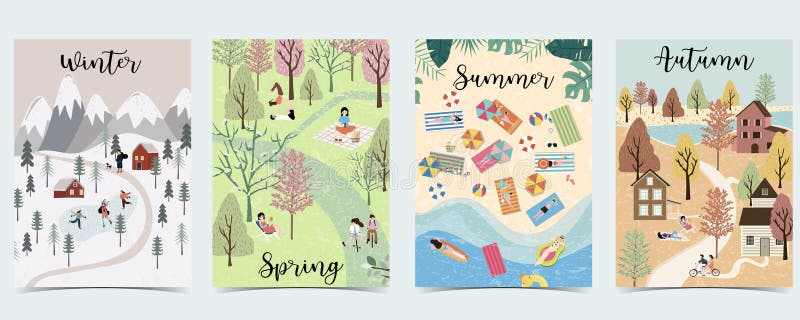 Naturlig bakgrund med vintern, vår, sommar, höstsäsong Affischvektor med aktivitet av folk royaltyfri illustrationer