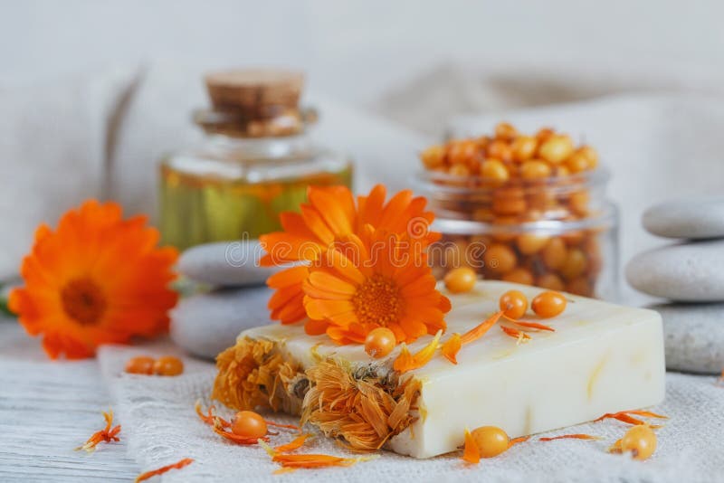 Naturlig handgjord tvål med calendulaen och havsbuckthornen arkivbild Naturlig handgjord tvål med calendulaen och havsbuckthornen arkivbild