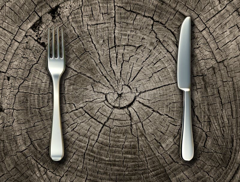 Natural food concept and organic eating healthy lifestyle idea with a silver fork and knife on a cut tree stump log representing raw food and rustic country cooking and traditional cuisine. Natural food concept and organic eating healthy lifestyle idea with a silver fork and knife on a cut tree stump log representing raw food and rustic country cooking and traditional cuisine.