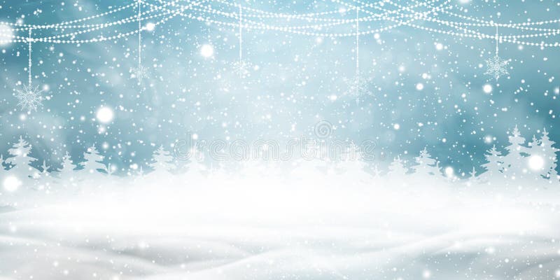 Naturlig vinterjulbakgrund med blå himmel, tungt snöfall, snö, snöig barrskog, ljusa girlander stock illustrationer