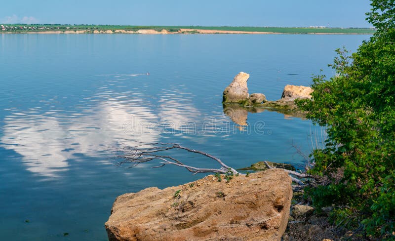 Naturliga skal i landskapet i vattnet nära kusten av Khadzhibey-flodmynningen i södra Ukraina arkivbild
