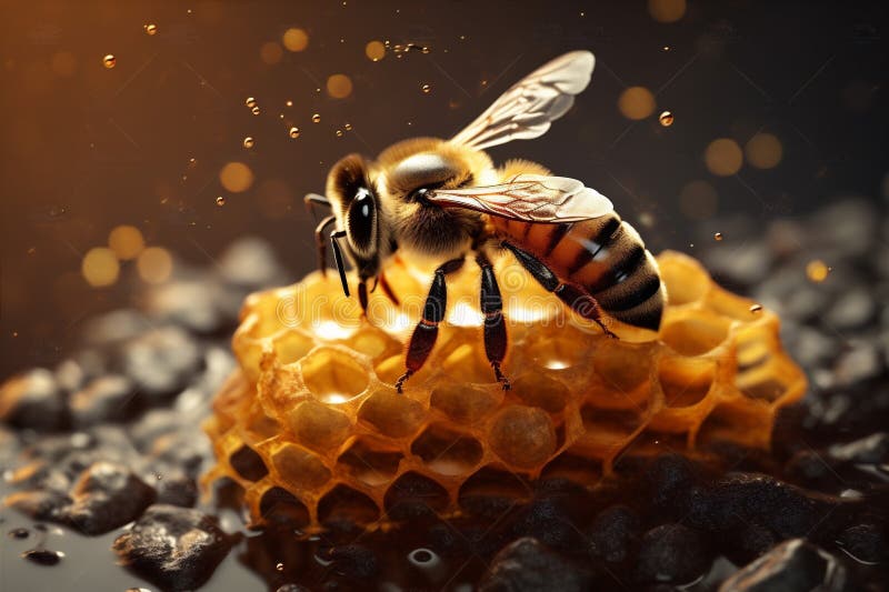 Naturpollen insekt makrocloseup gold behonungsgul bakgrundshonung. generativ ai. royaltyfri illustrationer