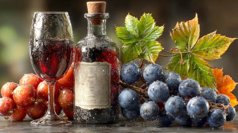 Natură moartă cu un pahar de vin roșu sticlă de epocă struguri proaspeți roșii și albaștri și frunze de viță de vie de toamnă cu a royalty free stock photos