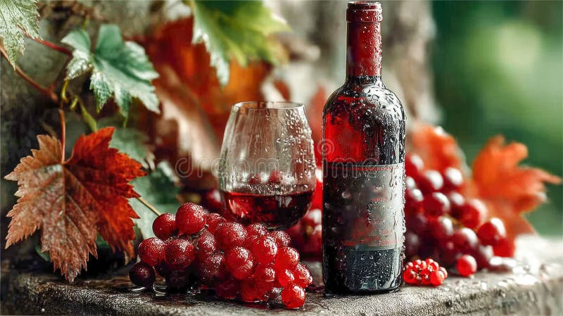Natură moartă cu un pahar de vin roșu sticlă de epocă struguri proaspeți roșii și albaștri și frunze de viță de vie de toamnă cu a stock images