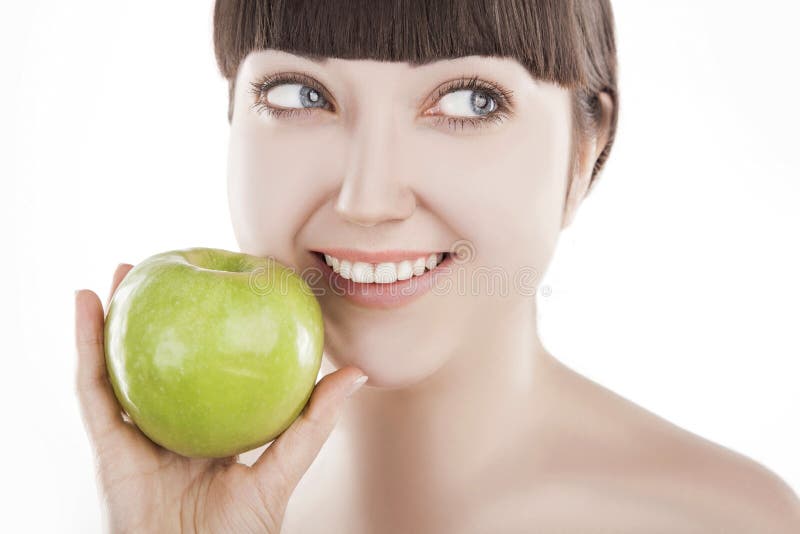 Natuurlijke schoonheid - mooie vrouw met groene appel - (REEKS) stock foto Natuurlijke schoonheid - mooie vrouw met groene appel - (REEKS) stock foto