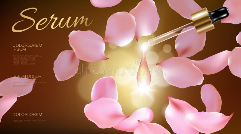 natürliche organische kosmetische Anzeige der realistischen Blume 3d Rosen-Rosablumenblattglasserumwesentlichgesichtsöl-Tröpfchen lizenzfreie abbildung natürliche organische kosmetische Anzeige der realistischen Blume 3d Rosen-Rosablumenblattglasserumwesentlichgesichtsöl-Tröpfchen lizenzfreie abbildung