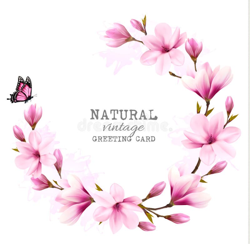 Natürliche Weinlesegrußkarte mit rosa Magnolie lizenzfreie abbildung