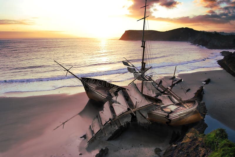 A big sailboat shipwreck on the coast, under the sunrise. A big sailboat shipwreck on the coast, under the sunrise.
