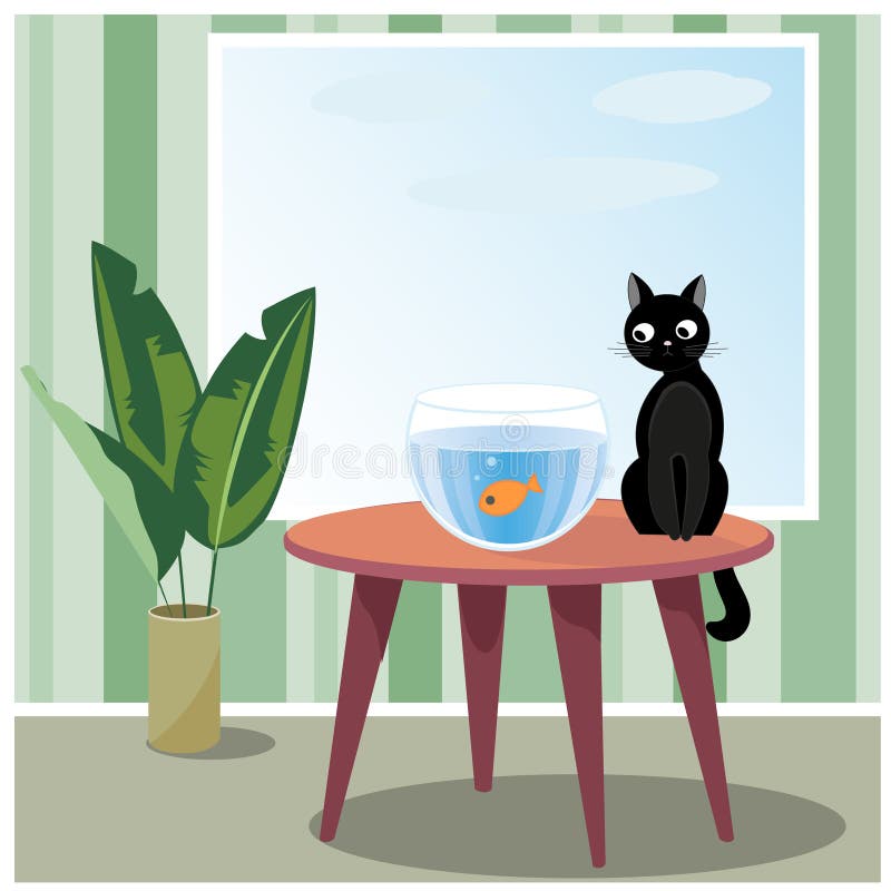 fishing table vector Naughty fish stock illustration. watching cat Illustration fishing table vector Naughty fish stock illustration. watching cat Illustration