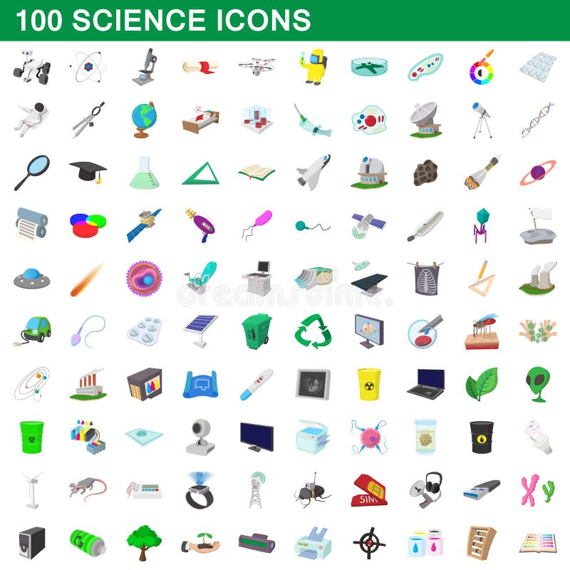 100 nauk ikon ustawiających, kreskówka styl royalty ilustracja 100 nauk ikon ustawiających, kreskówka styl royalty ilustracja