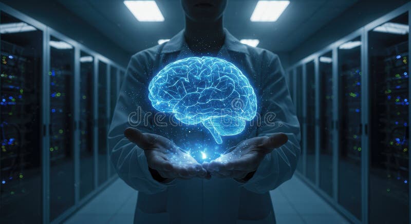 Naukowcy z serwerowni trzymają świecący hologram mózgu przedstawiający sztuczną inteligencję ilustracja wektor