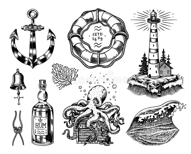 Nautical adventure set. Sea lighthouse, jellyfish and marine octopus and shipping sail, old sailor, ocean waves and