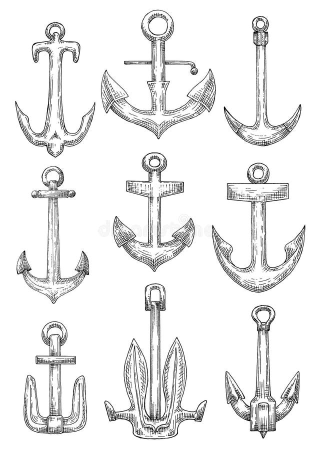 nautical anchors naval ships boats design anchorage devices isolated sketch icons fisherman tiny flukes admiralty 72568091