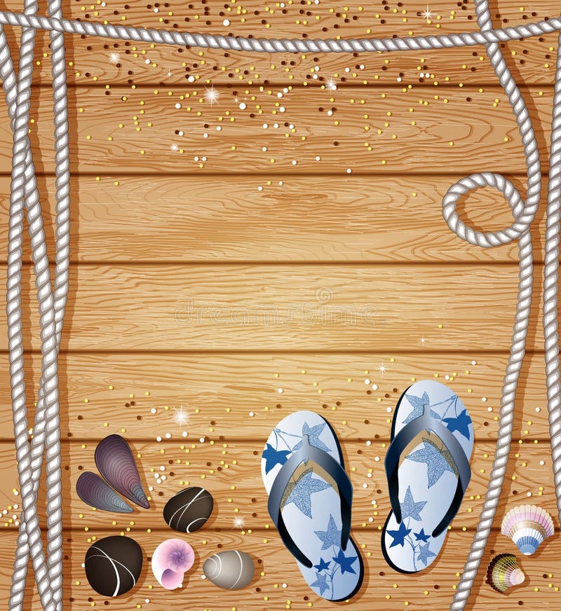 Nautical border with Flip-Flops, pebbles, sea shells and ropes on a background of wooden boards with copyspace for your text