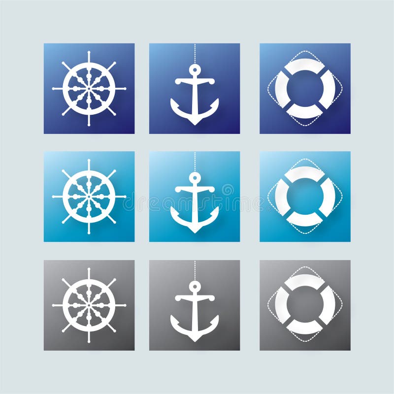 Set of nautical elements on blue, cyan and grey backround. Cyan shape vectors