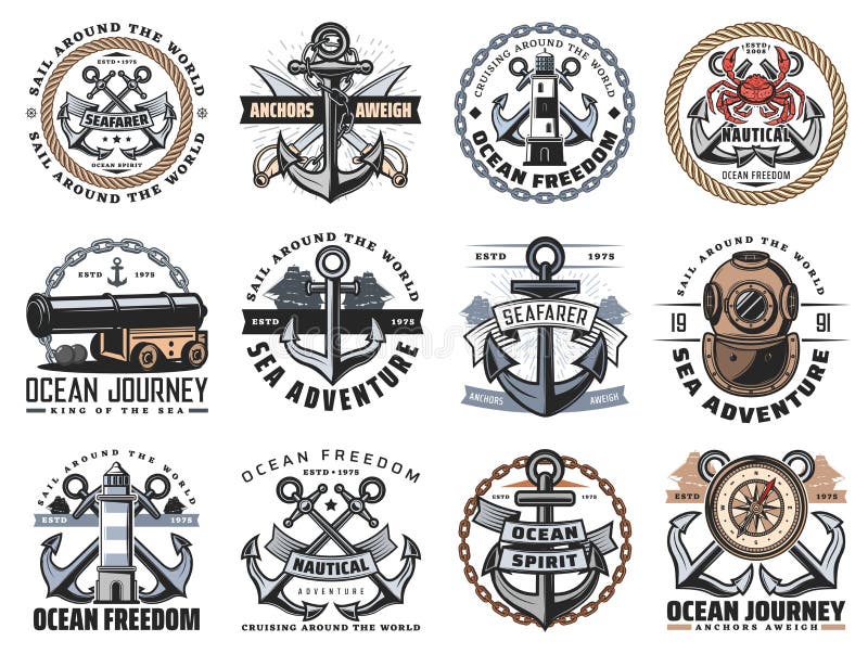 Nautical anchor, sea ship rope and chain icons