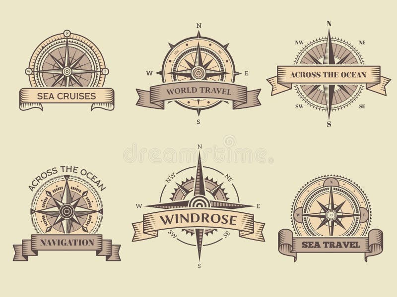 Nautical labels. Wind rose sea compass vector badges marine travel adventure collection design templates