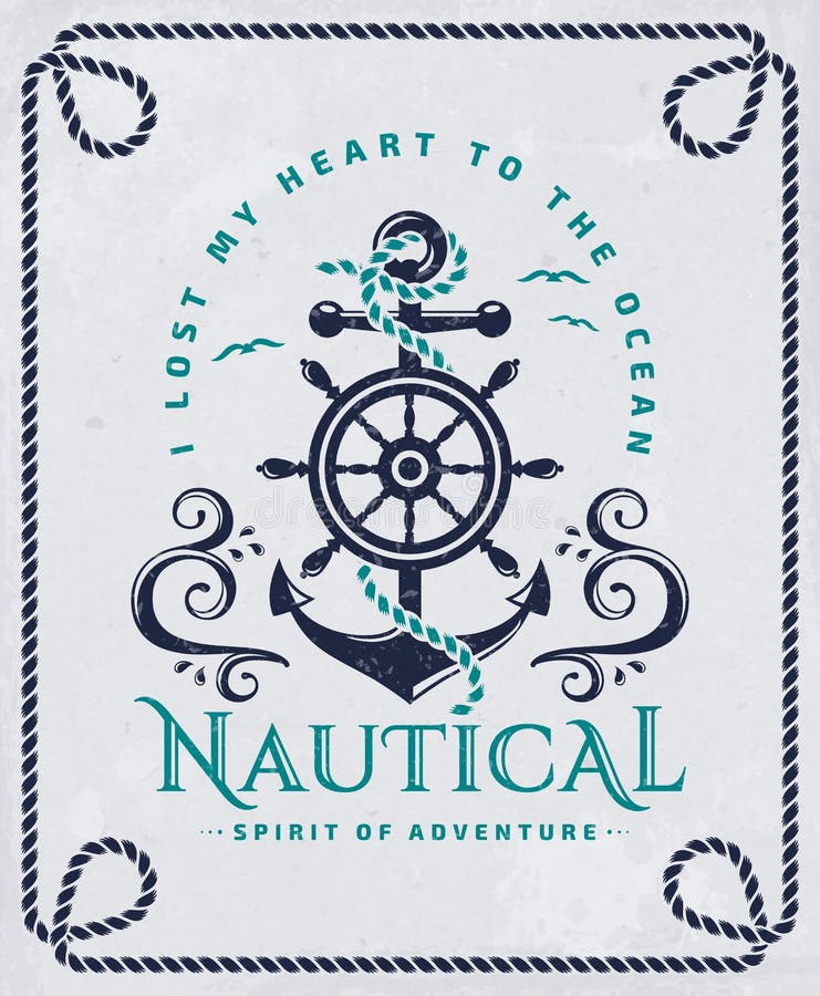 Nautical poster with anchor, steering wheel and rope frame.