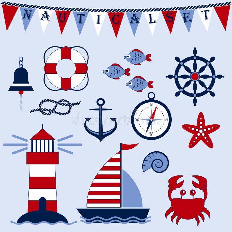 Nautical set. Marine theme. Sea travel. Anchor, steering wheel, ship, lighthouse, crab, starfish, fish, compass, shell, knot, bell