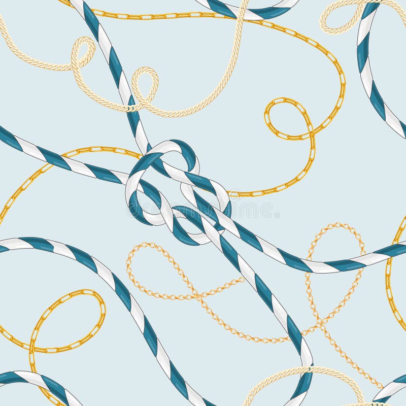 Nautical Style Seamless Pattern with Marine Rope Knots and Trendy Golden Chains. Fashion Fabric Design with Sea Elements for Wallpaper, Wrapping. Vector illustration