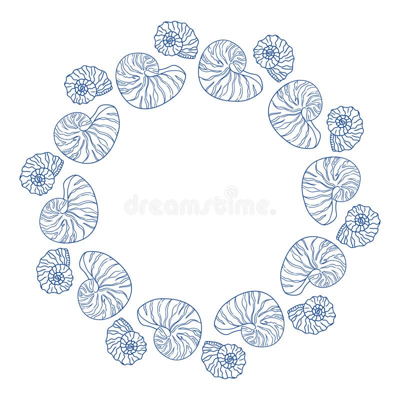 Nautical themed circular design featuring outlines of shells and ammonites royalty free illustration