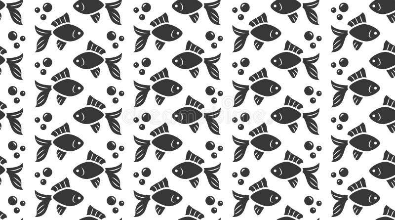 Nautical vector seamless pattern with flat icons of fish school, bubbles. Black goldfish silhouette on white color background, animal wallpaper.