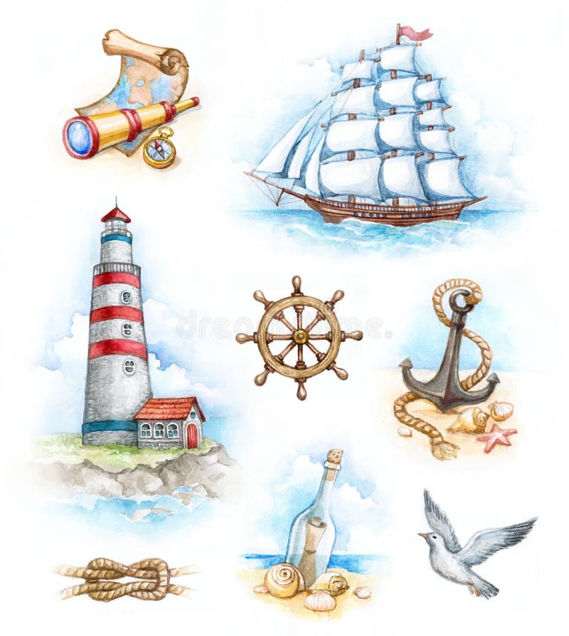 Nautical watercolor illustrations royalty free illustration Nautical watercolor illustrations royalty free illustration