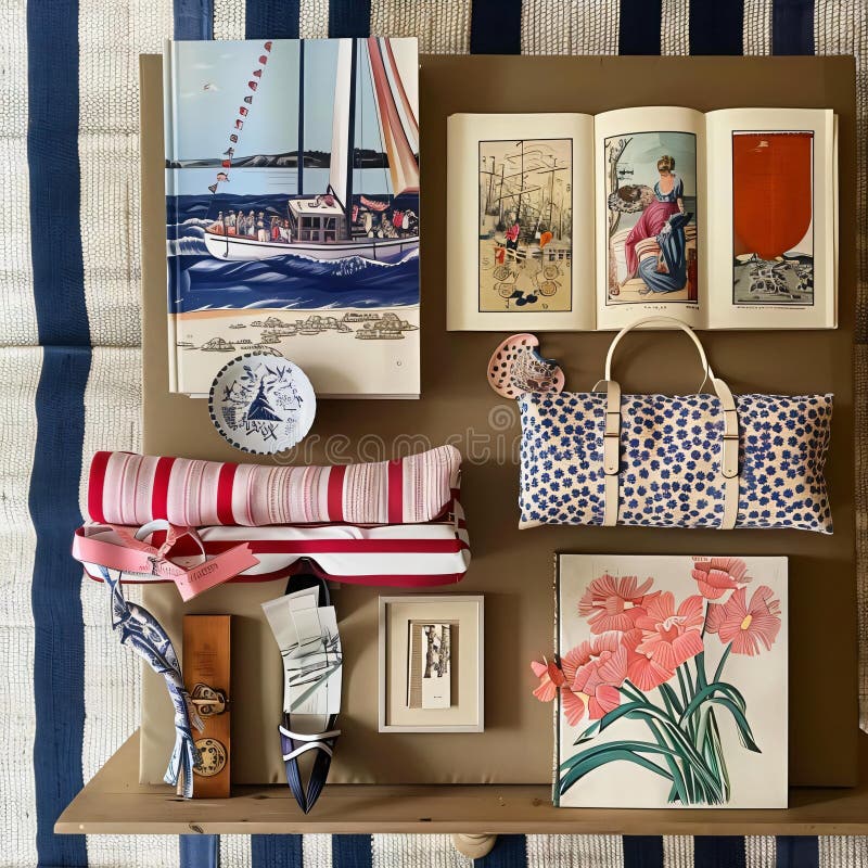 Collection items arranged shelf creating nauticalthemed moodboard. shelf is filled various objects that evoke sense travel leisure french flair. in foreground theres book cover depicting sailing scene suggesting stories adventure high seas. next it small round decorative plate blue white design adds touch elegance. pair red white striped towels are neatly folded their vibrant colors contrasting muted tones shelf. a blue white striped bag is placed shelf its pattern echoing nautical theme. small framed picture boat is also present further emphasizing maritime theme. pair blue white striped shoes are displayed their design complementing bag adding personal touch. in background theres framed picture boat red white striped sail mirroring colors towels adding depth scene. small framed picture woman pink dress is also visible providing touch femininity otherwise masculine theme. the overall arrangement items shelf suggests thoughtful deliberate design process each object carefully chosen contribute nautical aesthetic. use color pattern throughout items creates harmonious visually appealing composition. Mirroring object stock images, royalty-free photos and pictures